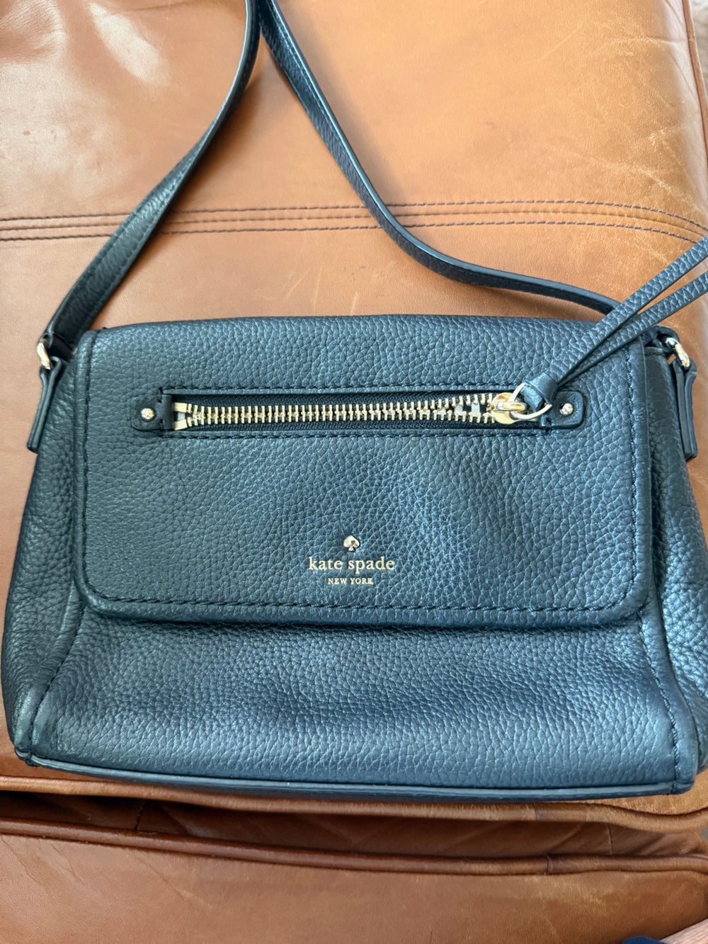 kate spade Black Pebbled Leather Crossbody with Gold Zip